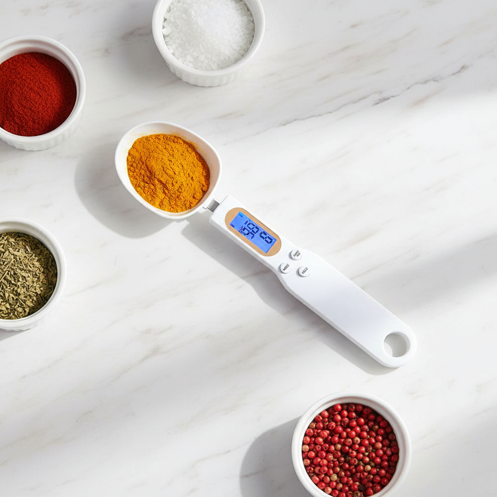 Spices and ingredients with digital spoon scale