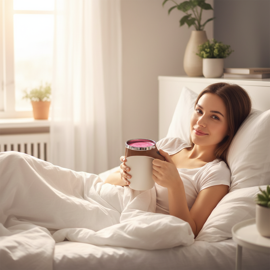 Woman with opaque blender mug in bed
